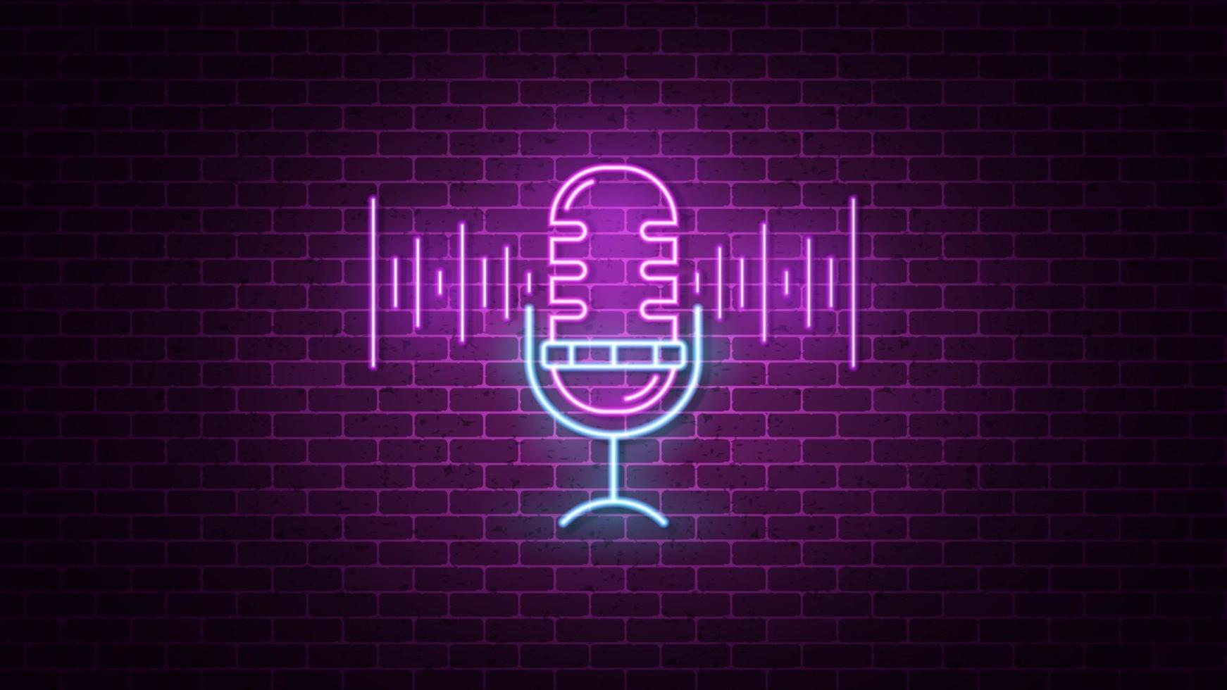 Neon microphone icon. Vector illustration.