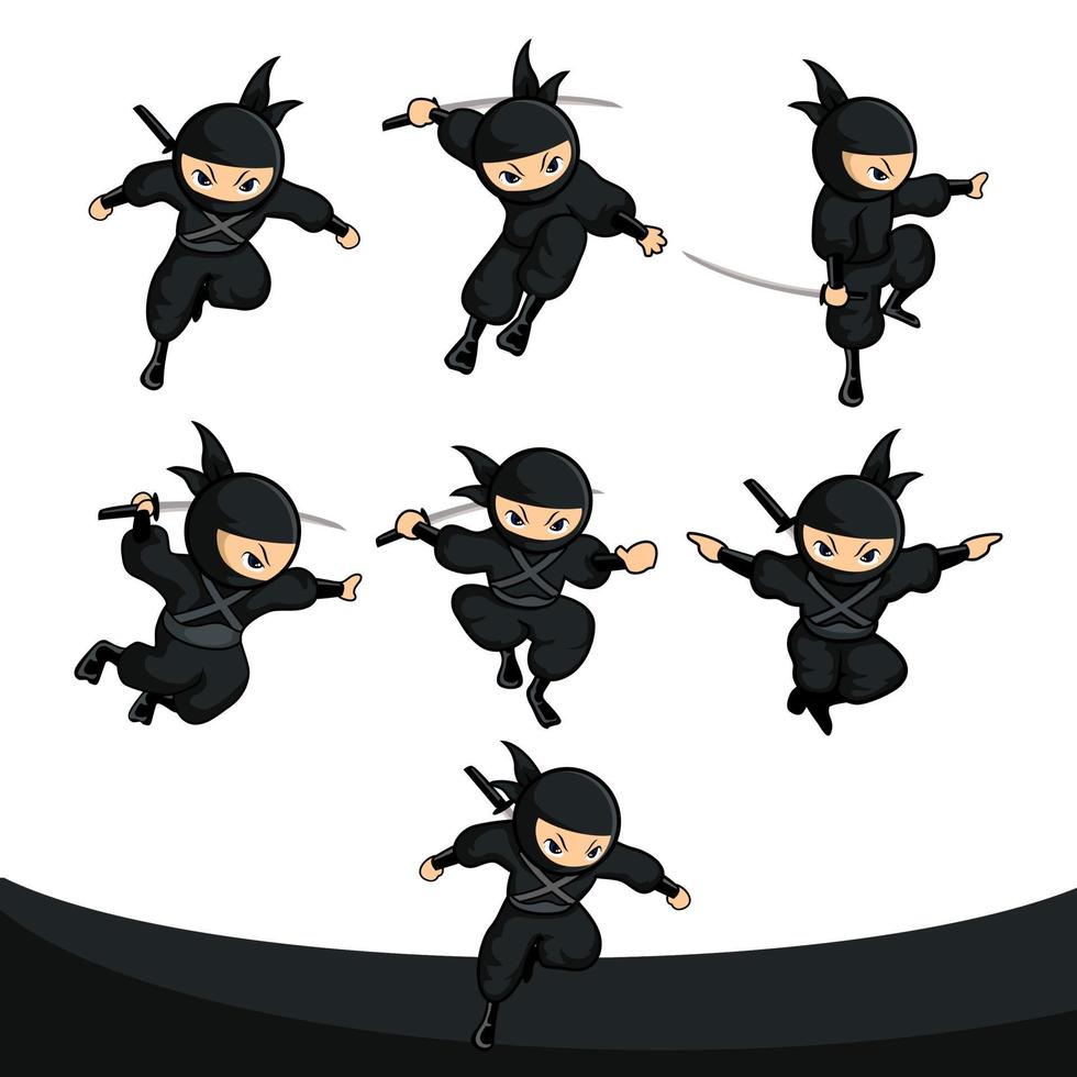 black ninja sets number 11 with six different poses vector