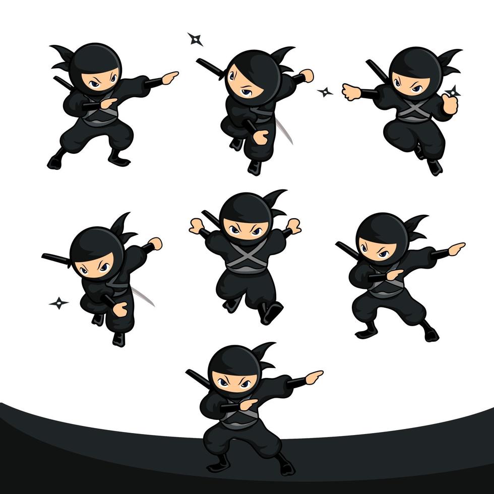 ninja de dibujos animados negro establece 12 con seis poses diferentes vector