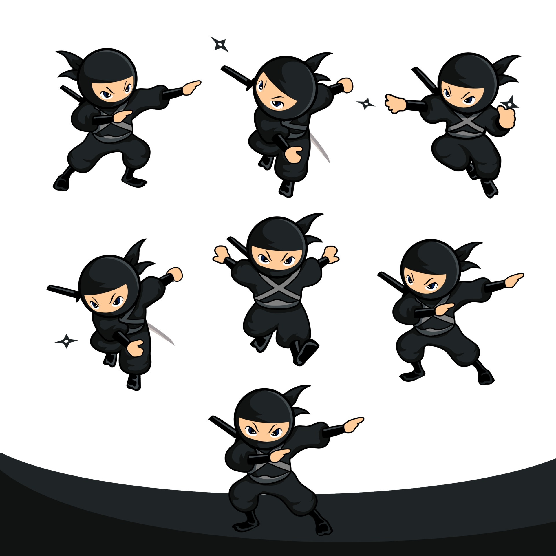 Black cartoon ninja sets 13 with six different action or poses 3381507  Vector Art at Vecteezy