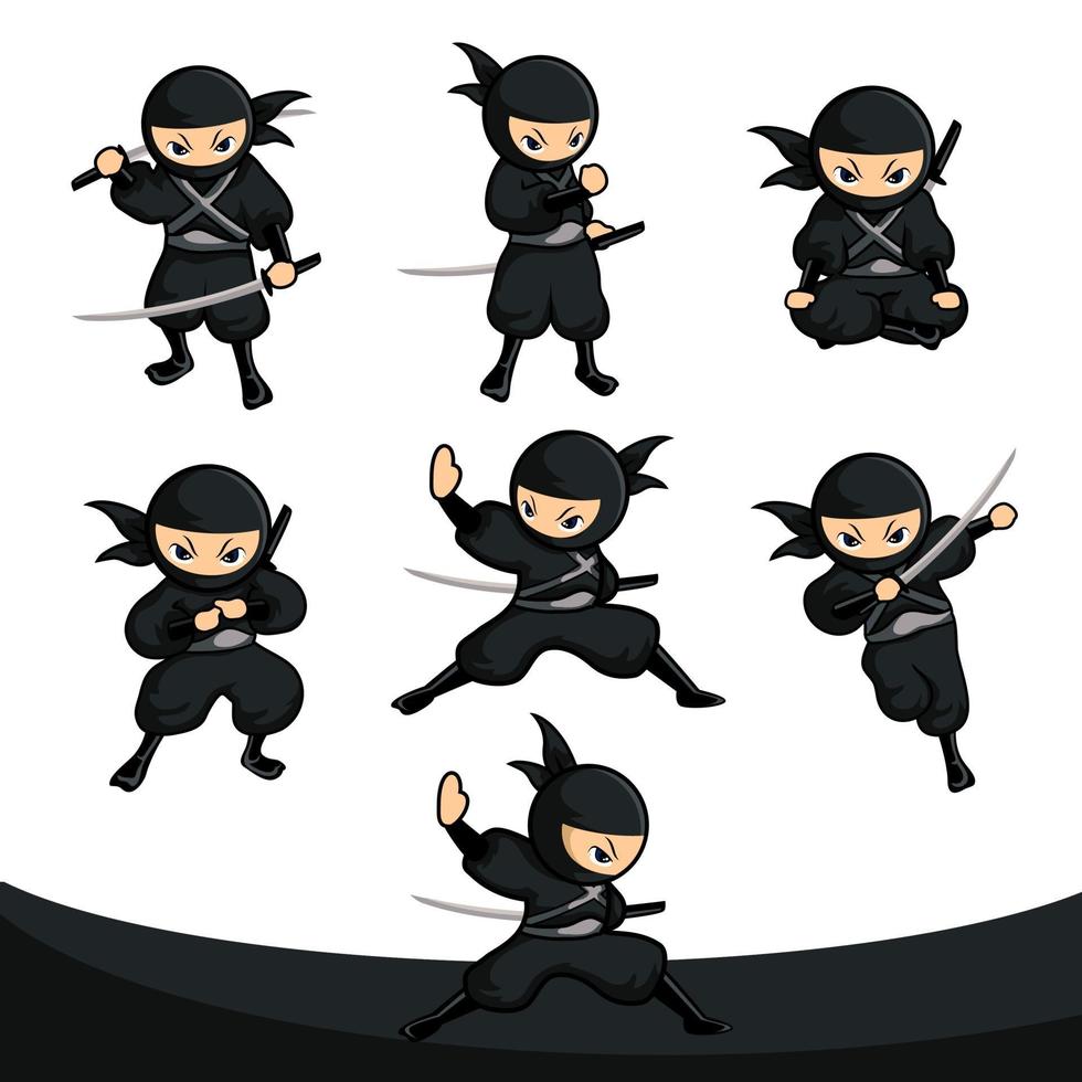 ninja de dibujos animados negro establece 13 con seis acciones o poses diferentes vector