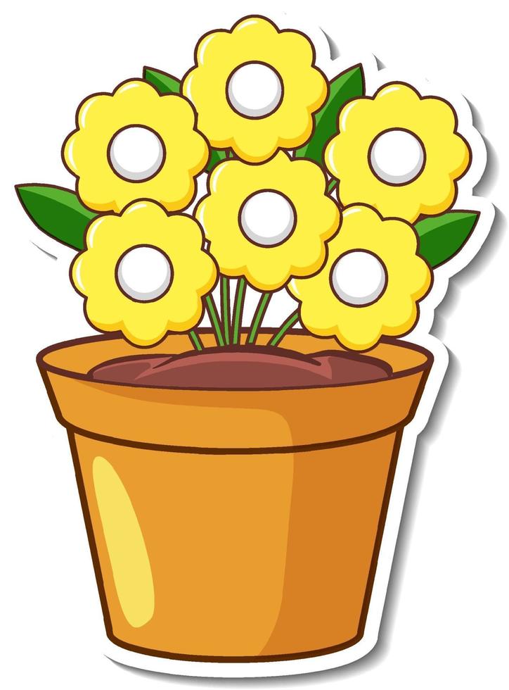 Sticker design with yellow flowers in a pot isolated vector