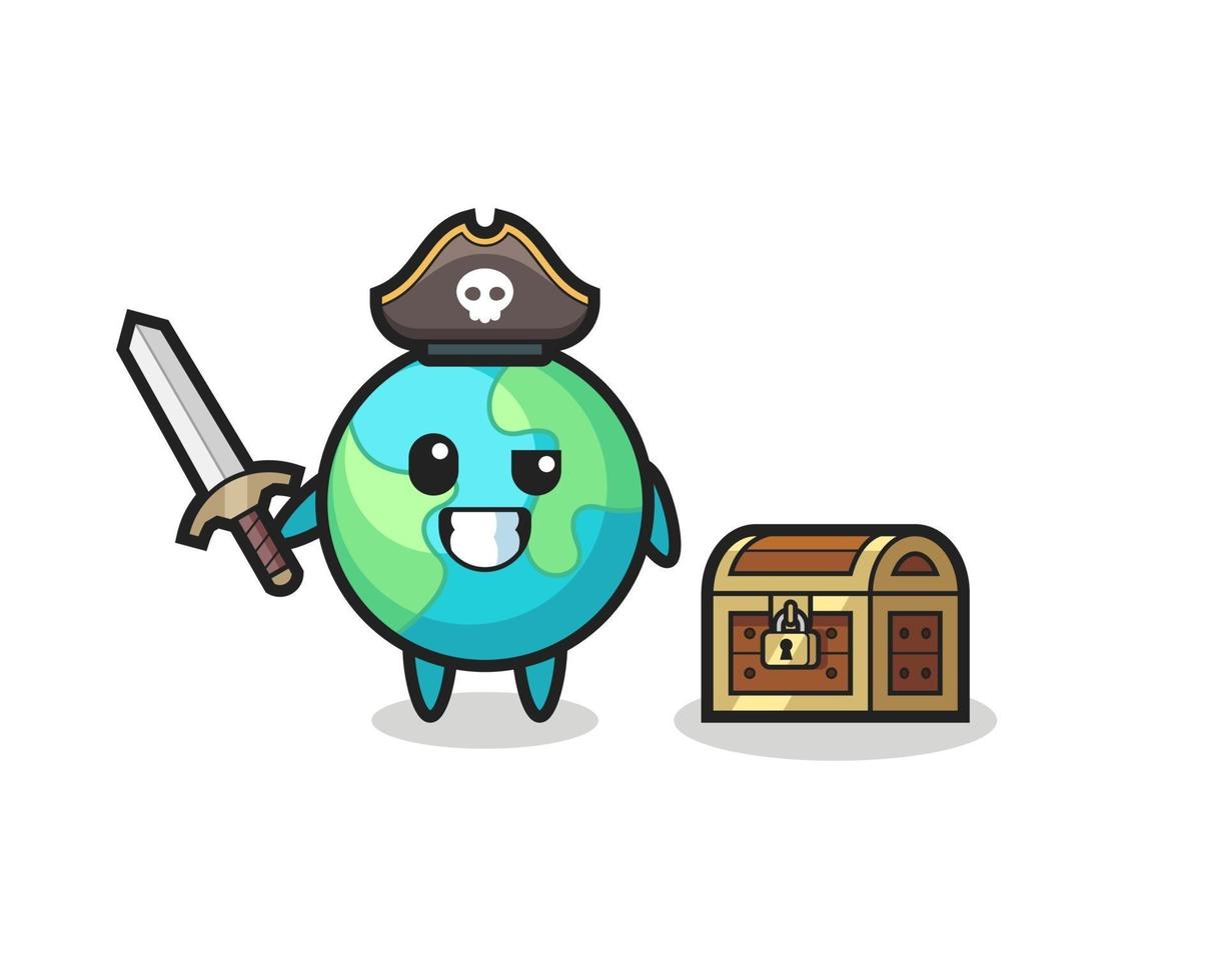 el personaje pirata de la tierra sosteniendo la espada al lado de un cofre del tesoro vector