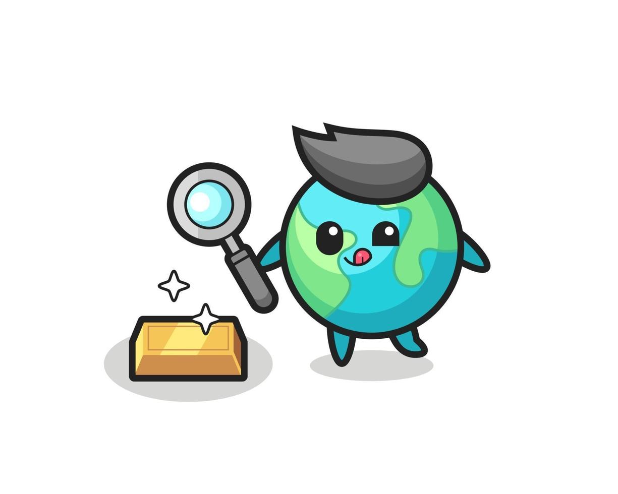 earth character is checking the authenticity of the gold bullion vector
