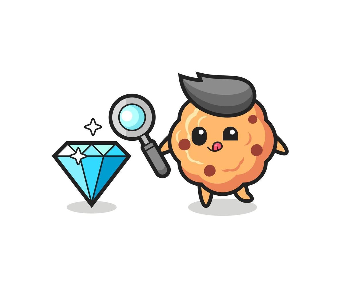 chocolate chip cookie mascot is checking the authenticity of a diamond vector