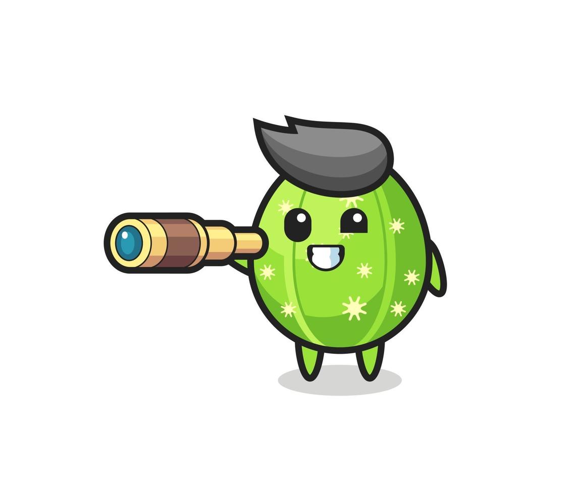 cute cactus character is holding an old telescope vector