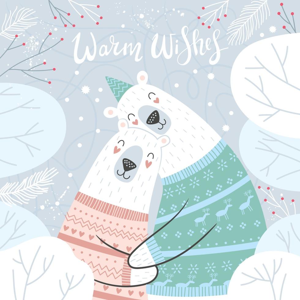 Merry Christmas and holidays card with cute hugging polar bears. vector