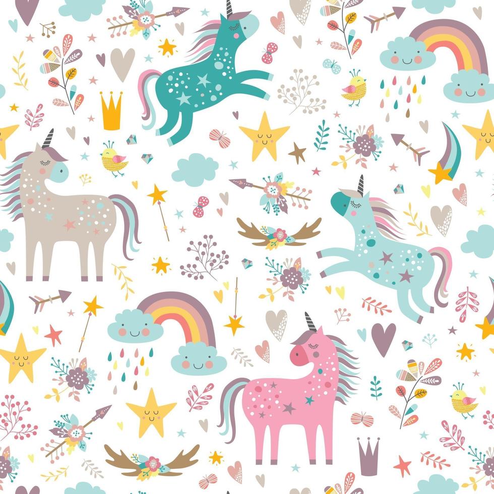 Childish seamless pattern with unicorns. Creative nursery background. vector