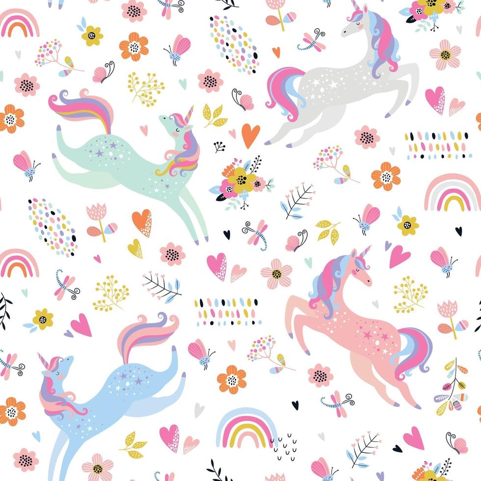 Childish seamless pattern with unicorns. Creative nursery background. vector