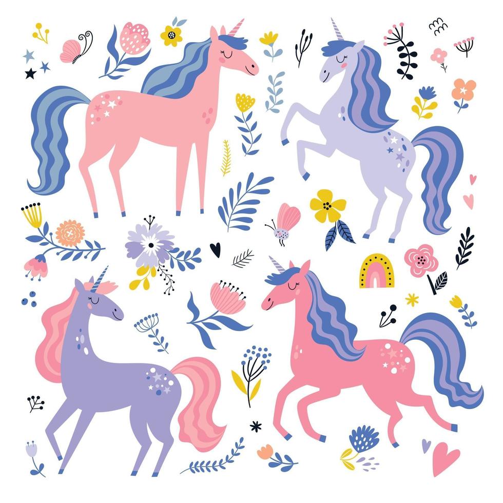 Childish vector set with unicorns. Creative nursery collection.