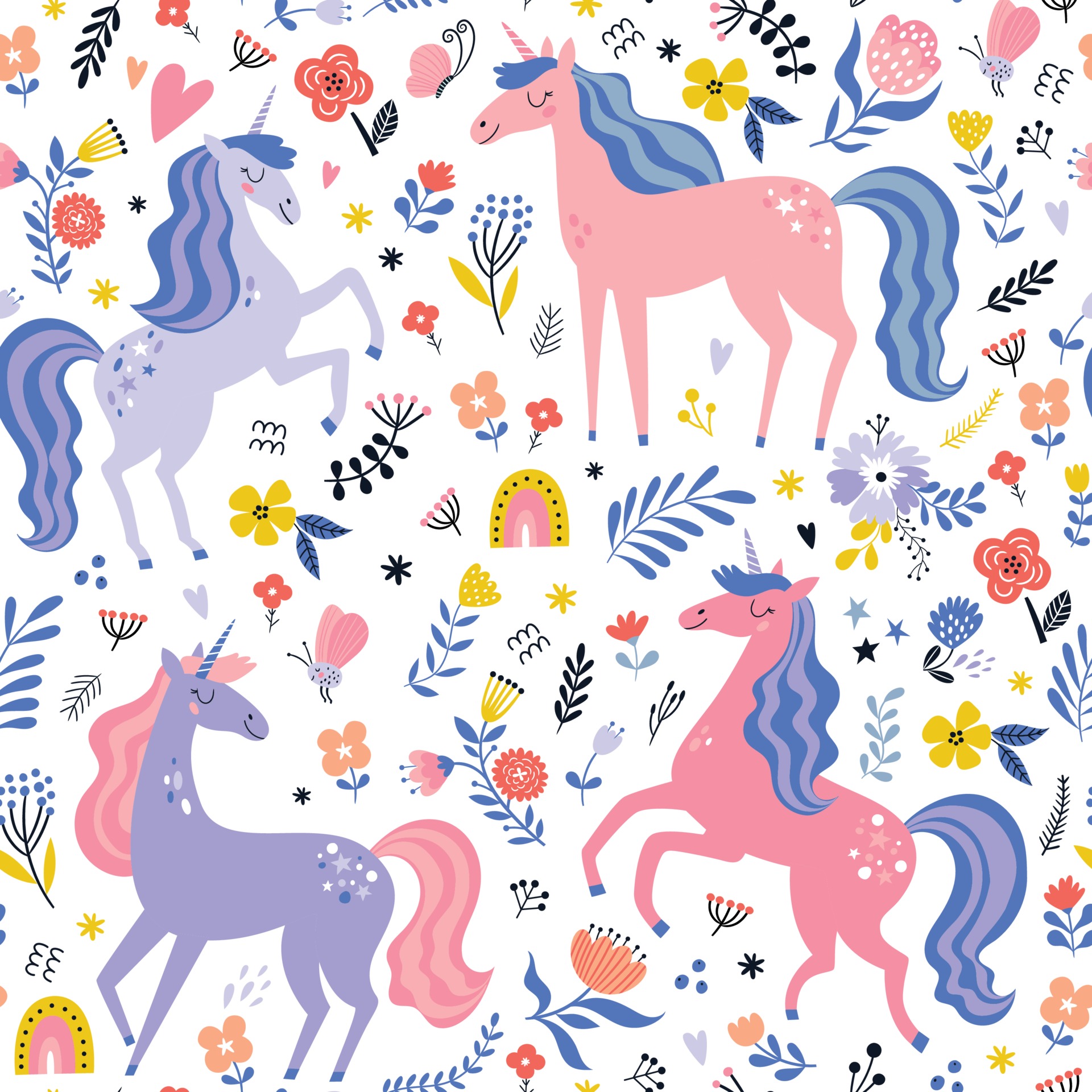 Floral animals printable design vector EPS. Commercial use Fantasy horse repeat digital paper Unicorn seamless pattern instant download