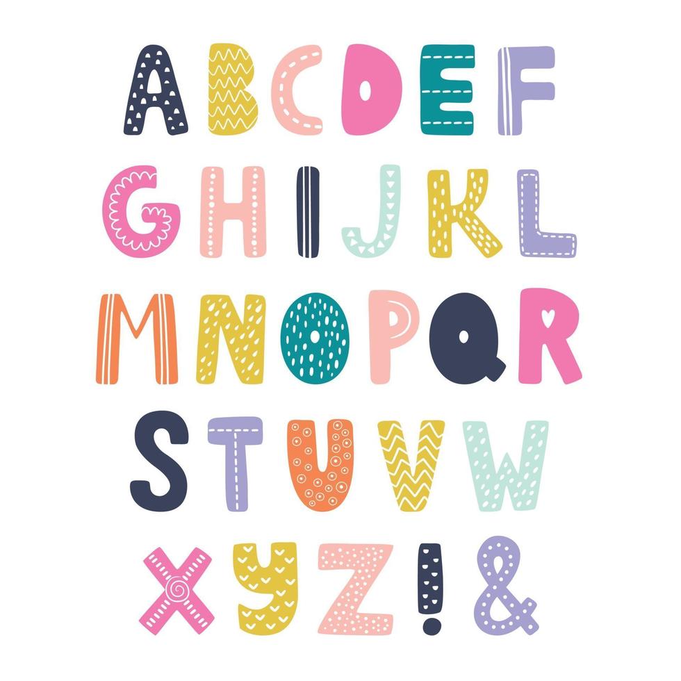 Scandinavian vector alphabet for kids. Hand drawn graphic font.