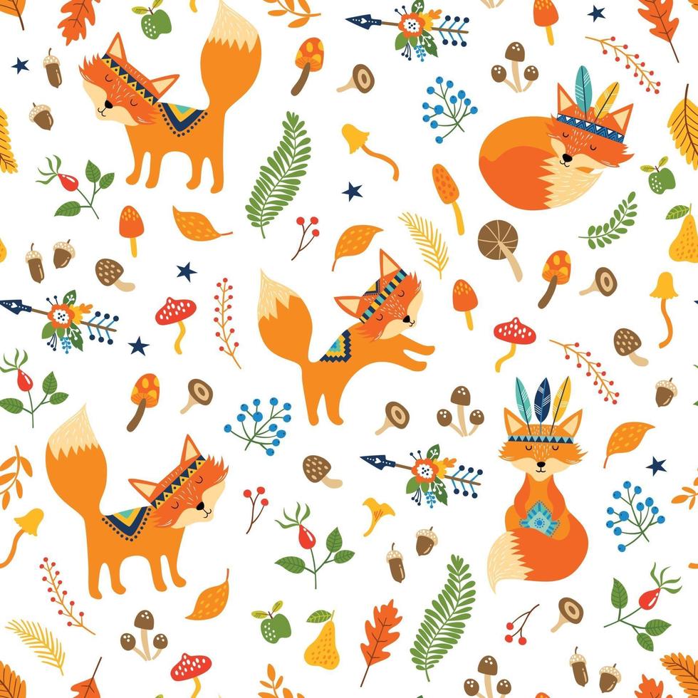 Vector seamless pattern with cute tribal foxes, autumn floral elements
