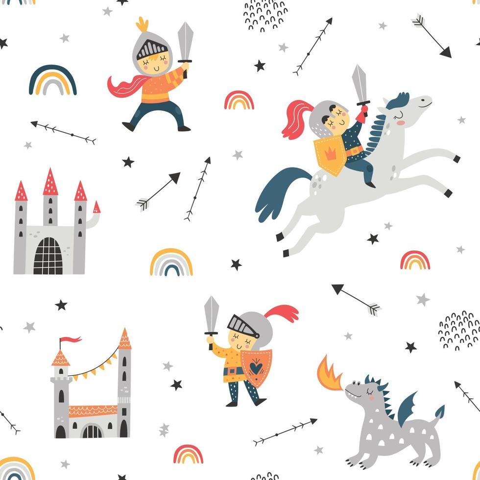 Childish seamless pattern with knight, dragon and castle. vector