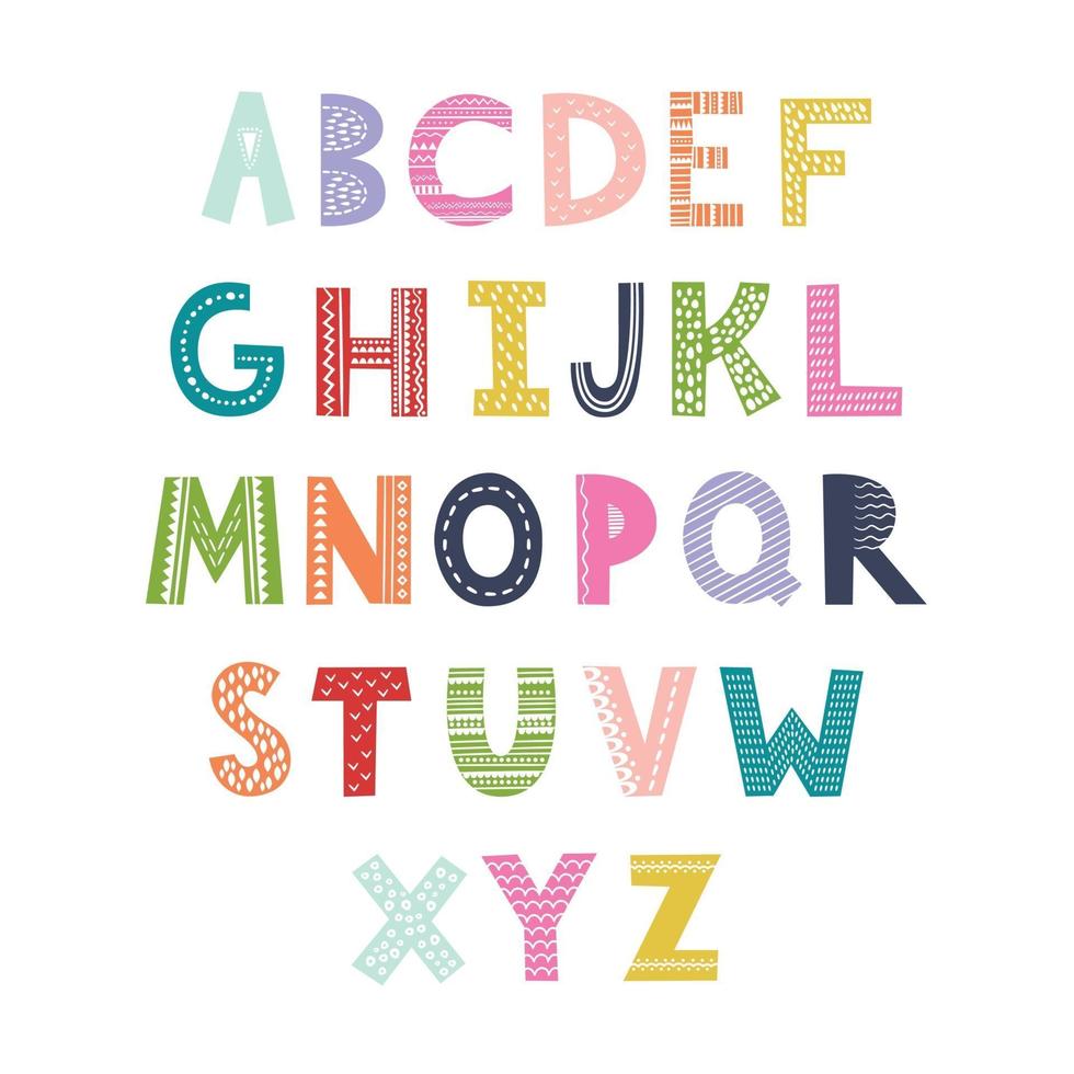 Scandinavian vector alphabet for kids. Hand drawn graphic font.