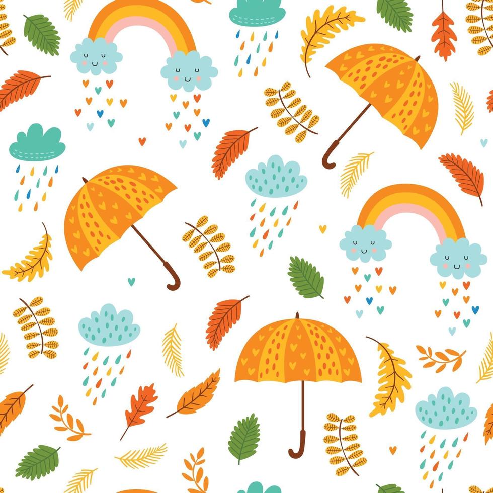 Seamless autumn pattern with umbrellas, clouds with rain and rainbows vector