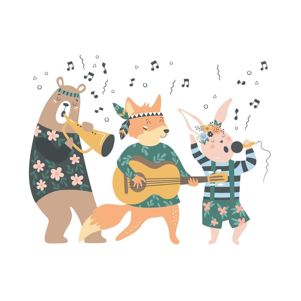 dibujos animados lindos animales bohemios músicos con diferentes instrumentos vector