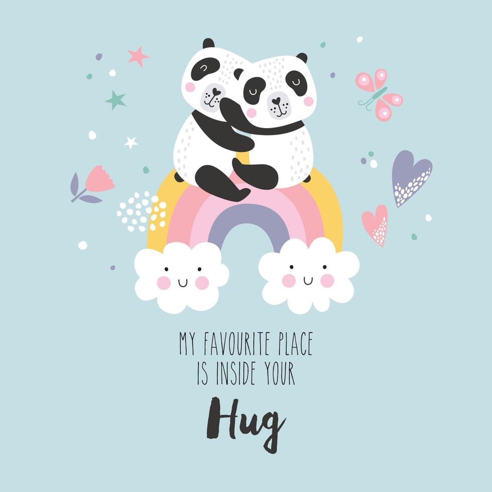 pandas de dibujos animados lindo sentado en un arco iris y elementos dibujados a mano. vector