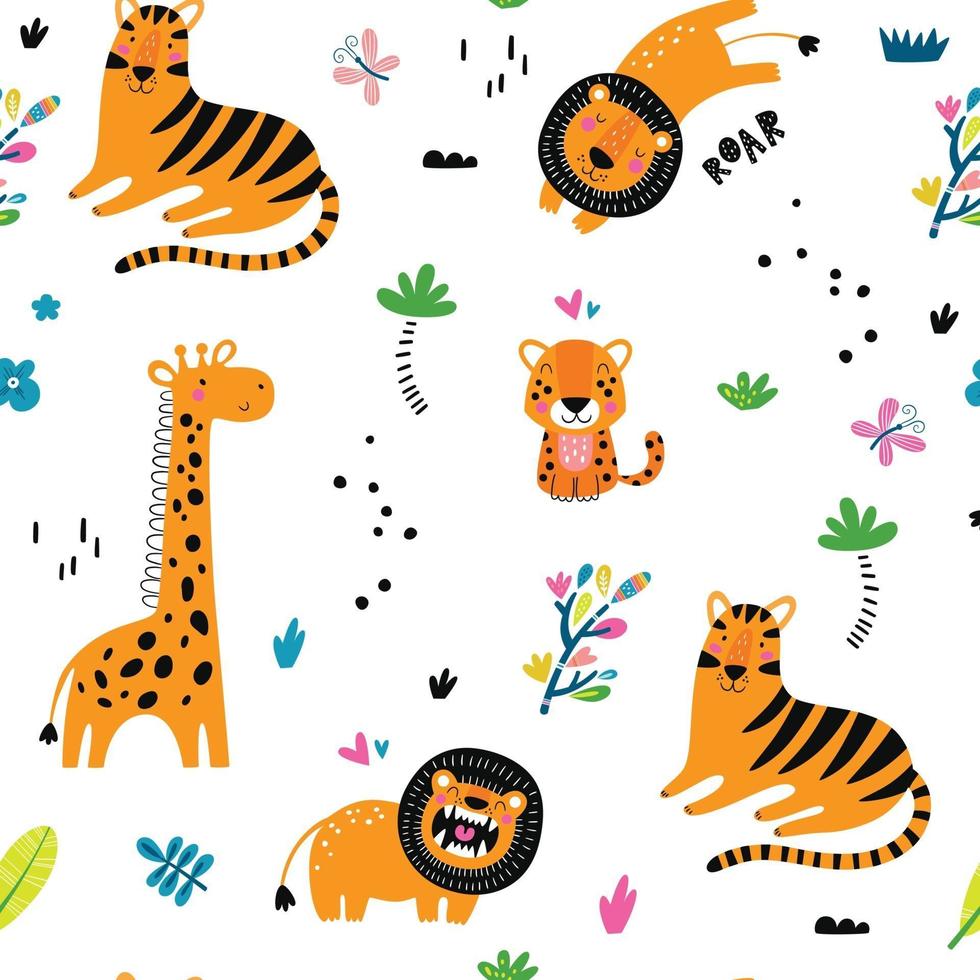 Seamless childish pattern with cartoon jungle animals vector