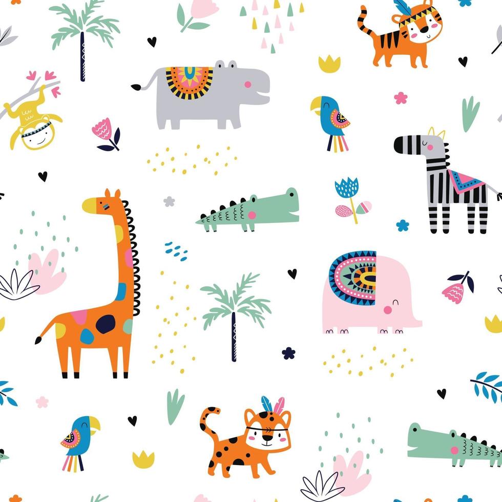 Seamless childish pattern with cartoon jungle animals vector