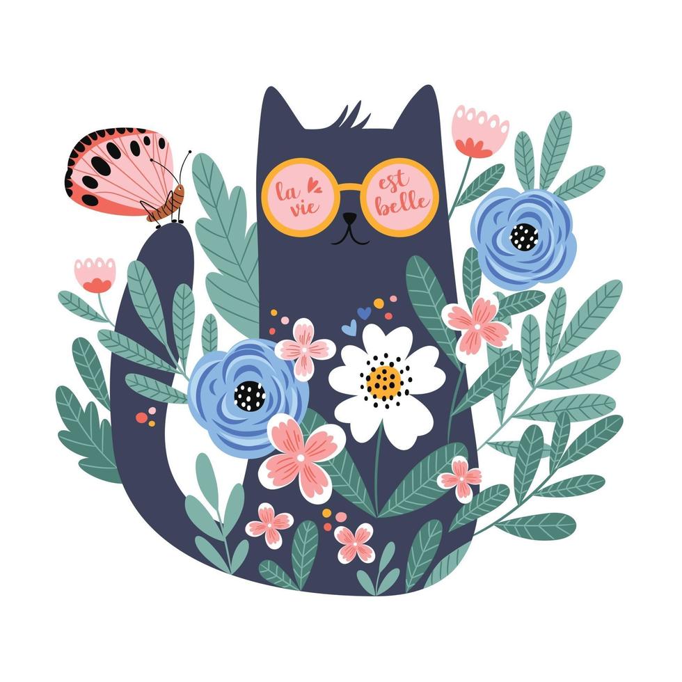 Cute cartoon cat in glasses with hand drawn flowers, butterfly vector