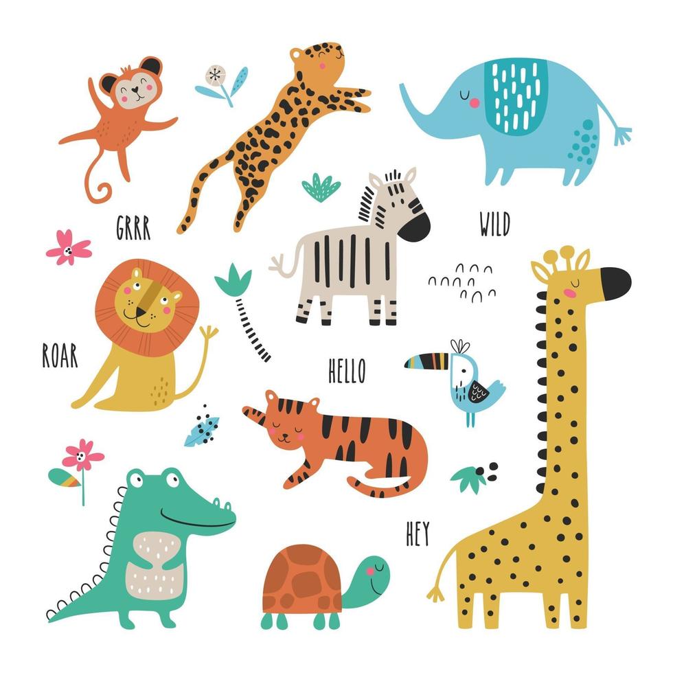 Seamless childish pattern with cartoon jungle animals vector