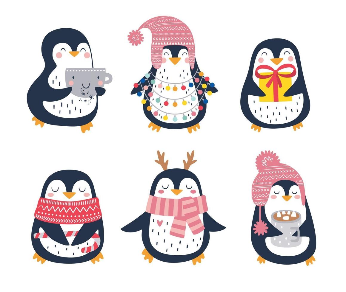 Hand drawn vector set of cute funny penguins