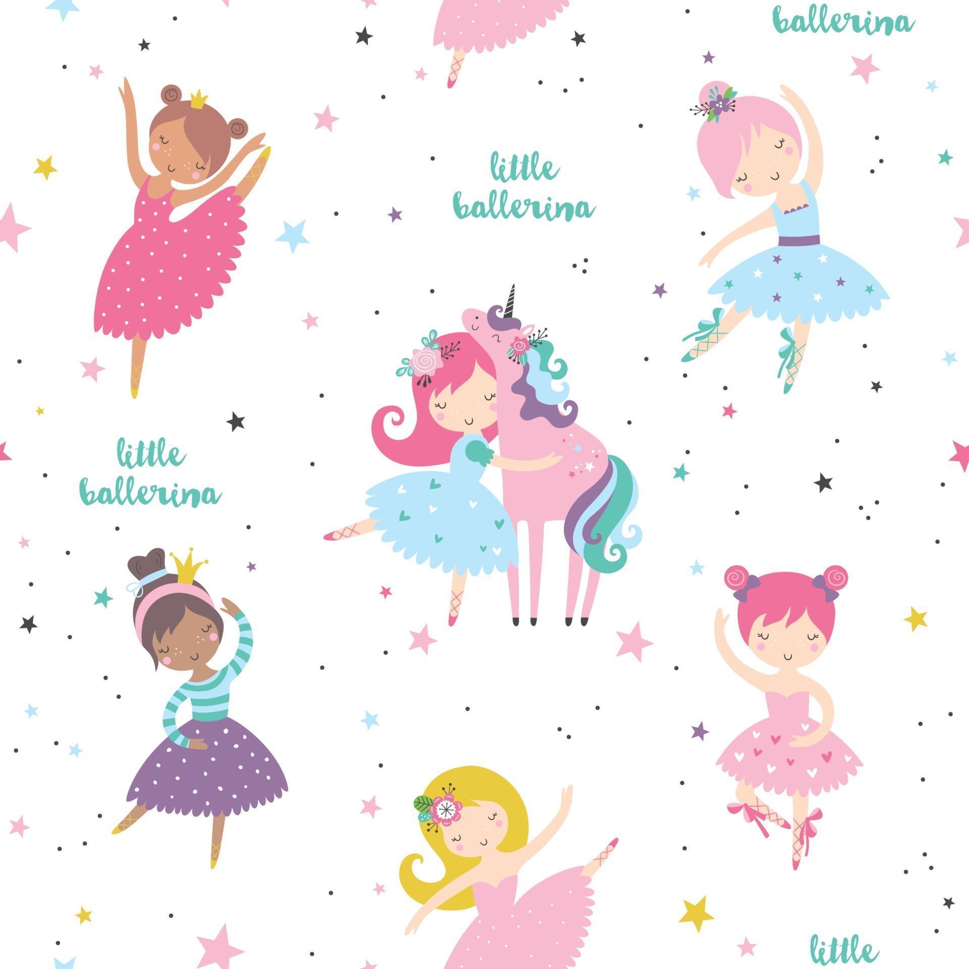 Cute ballerina with sweet unicorn childish seamless pattern. 3381791