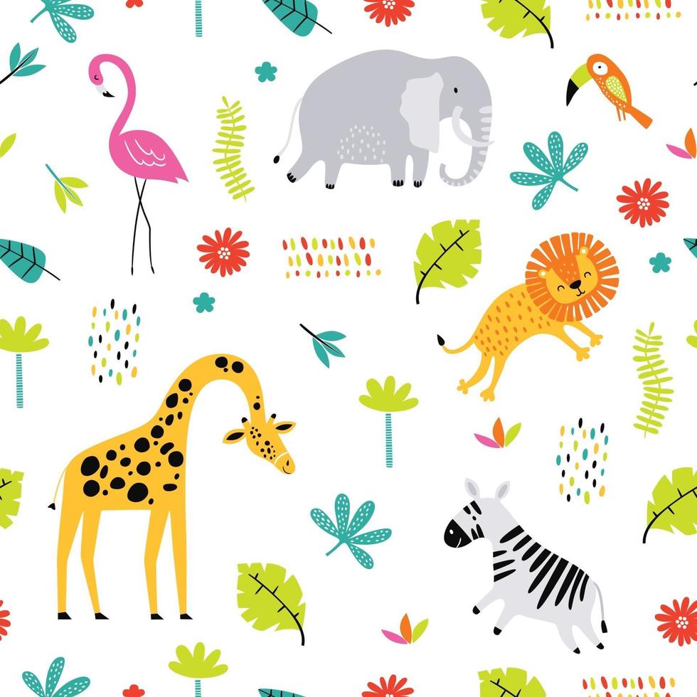 Seamless childish pattern with cartoon jungle animals vector