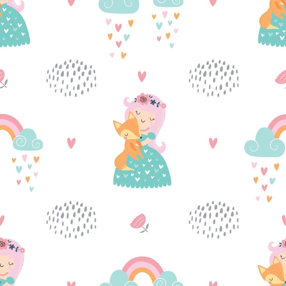Childish seamless pattern with cute fairies and baby foxes vector