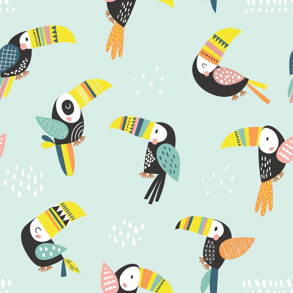 Seamless childish pattern with colorful toucans. vector