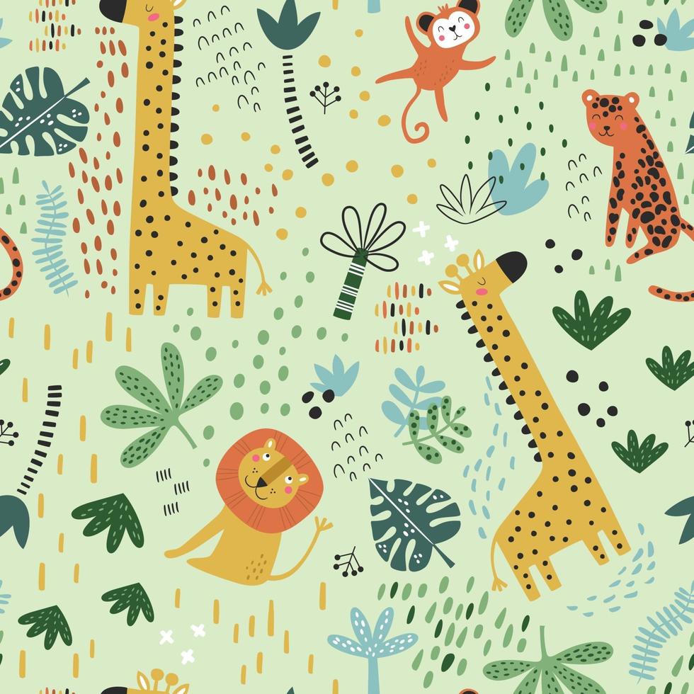 Seamless childish pattern with cartoon jungle animals vector