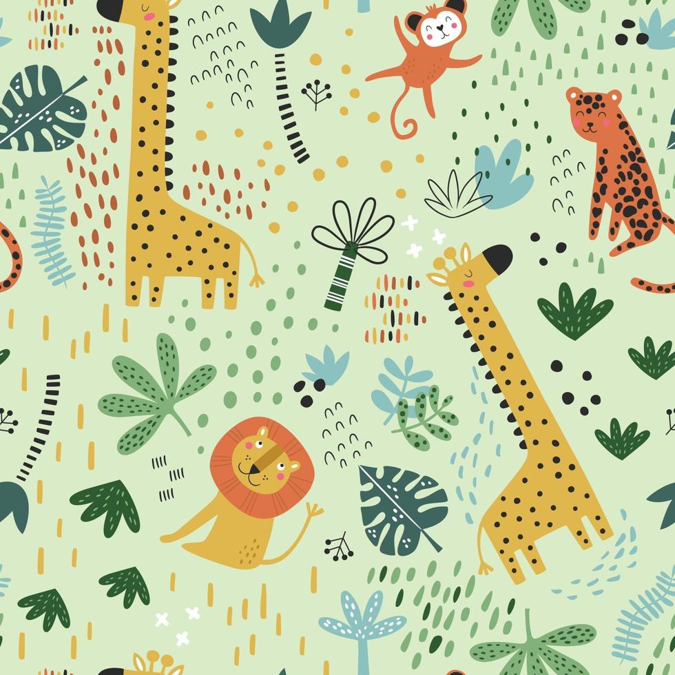 Seamless childish pattern with cartoon jungle animals vector