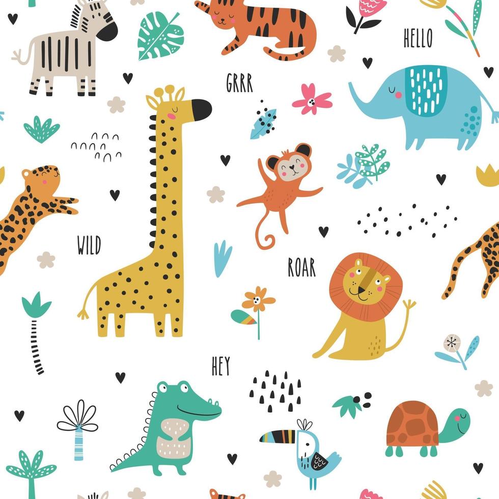 Seamless childish pattern with cartoon jungle animals vector