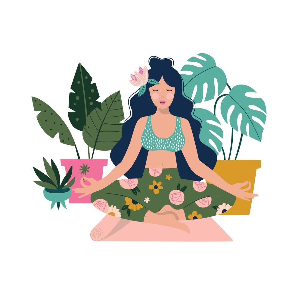 Woman meditating at home around houseplants. Concept illustration vector