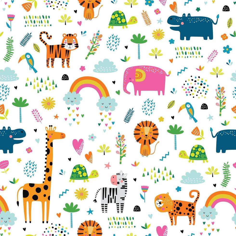 Seamless childish pattern with cartoon jungle animals vector