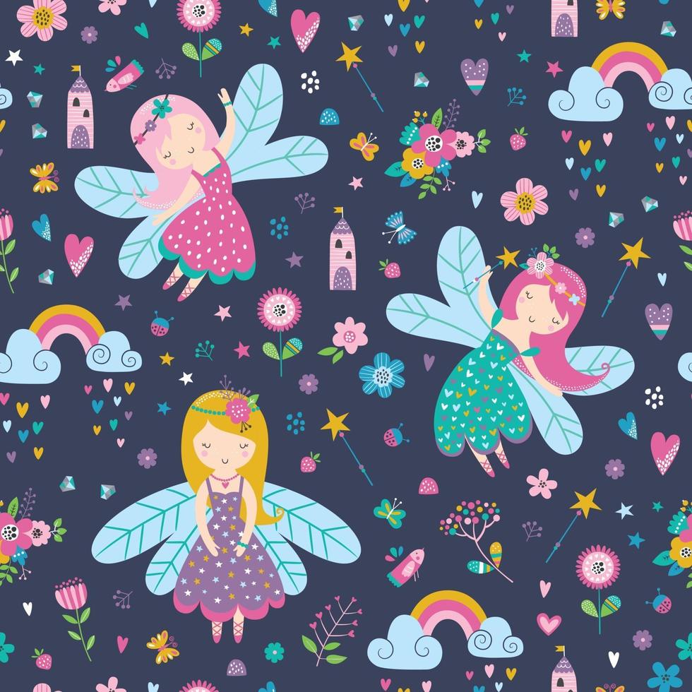 Vector seamless childish pattern with fairy, flowers, rainbow