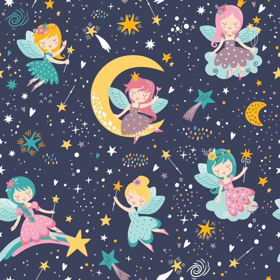 Vector seamless childish pattern with fairy, moon, stars, comet