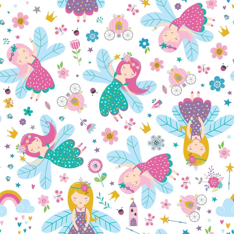 Vector seamless childish pattern with fairy, flowers, rainbow
