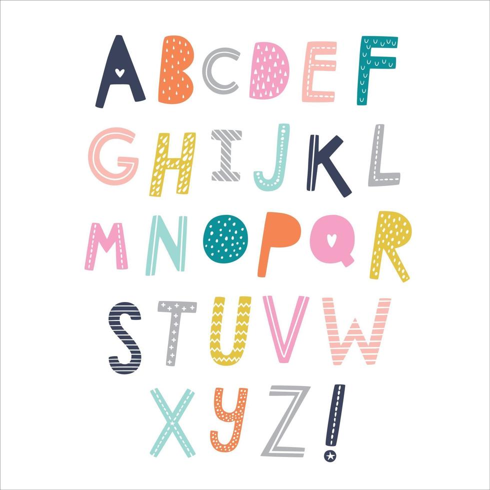 Scandinavian vector alphabet for kids. Hand drawn graphic font.