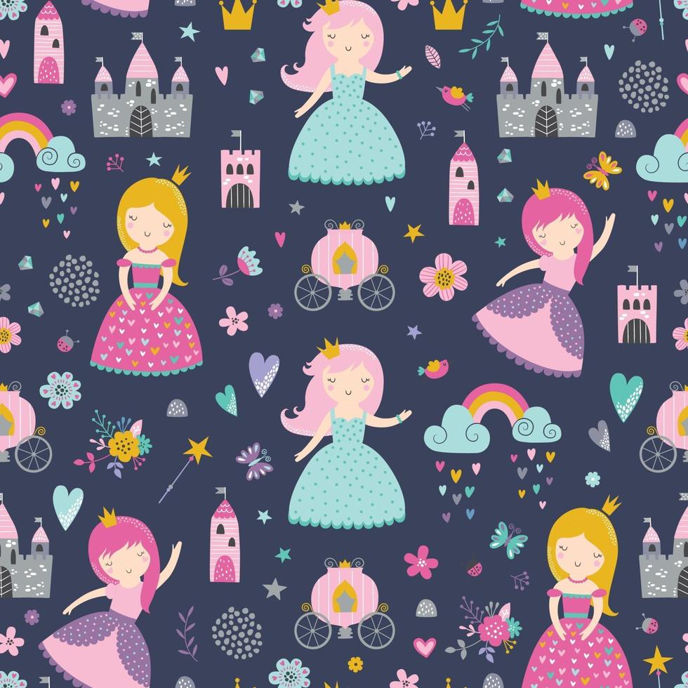 Childish seamless pattern with princess, castle, carriage vector