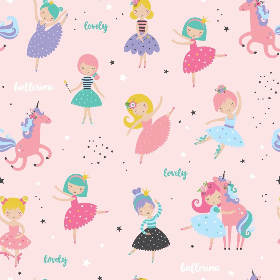 Cute ballerina with sweet unicorn childish seamless pattern. vector