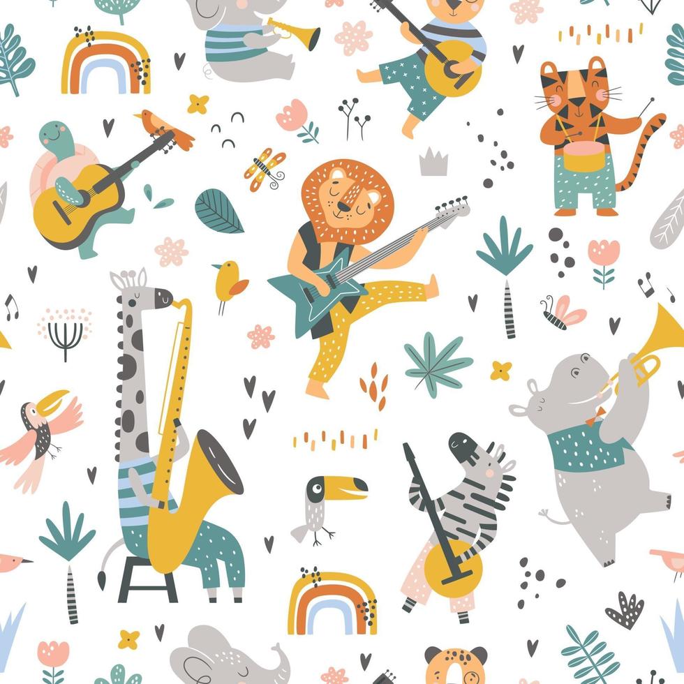 childish pattern with cartoon jungle animals and different instruments vector