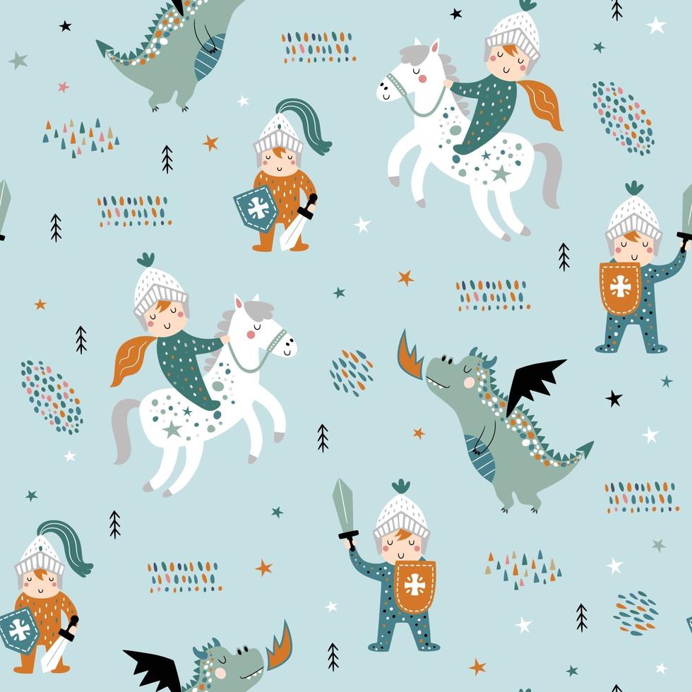 Childish seamless pattern with knight, dragon and castle. vector