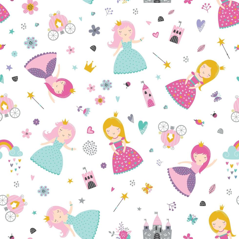 Childish seamless pattern with princess, castle, carriage vector