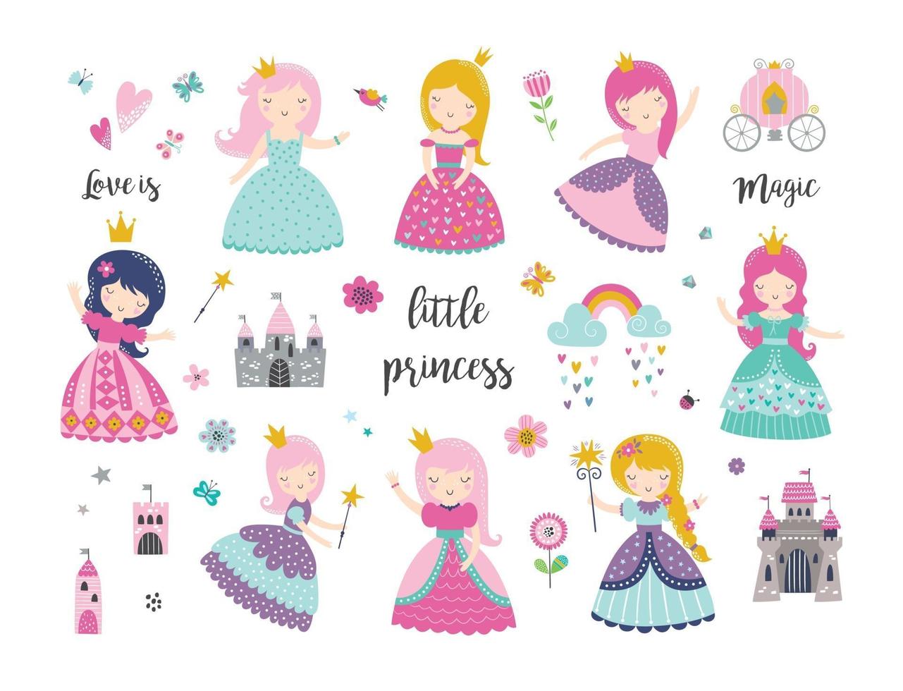 Vector set of beautiful princess, castle, carriage, rainbow, crown