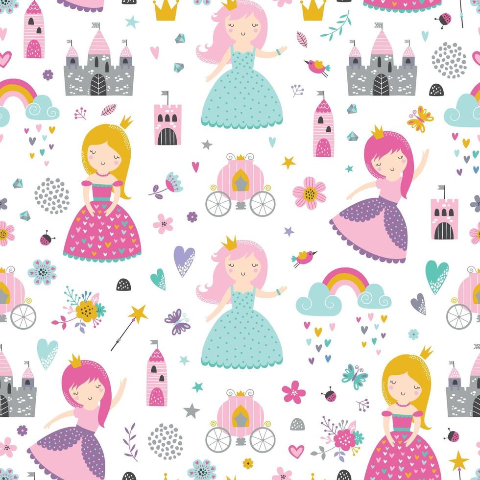 Childish seamless pattern with princess, castle, carriage vector