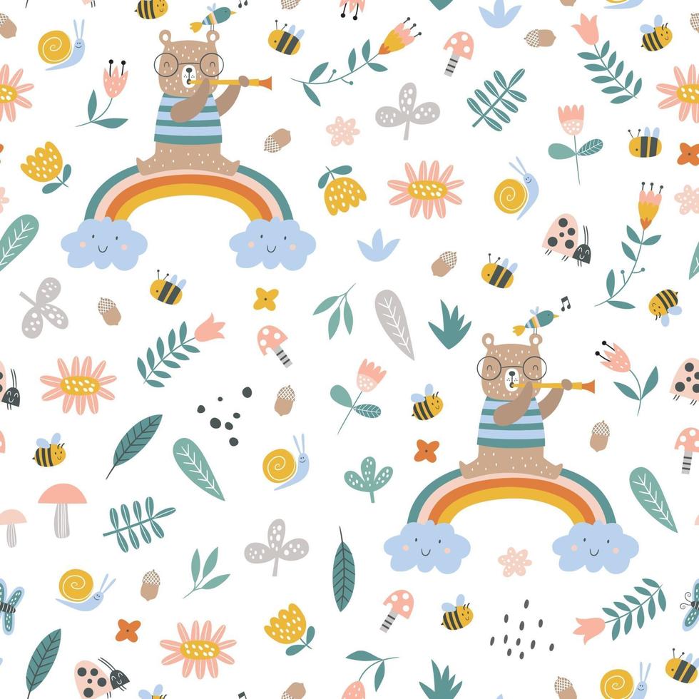 Seamless childish pattern with cartoon cute bear vector