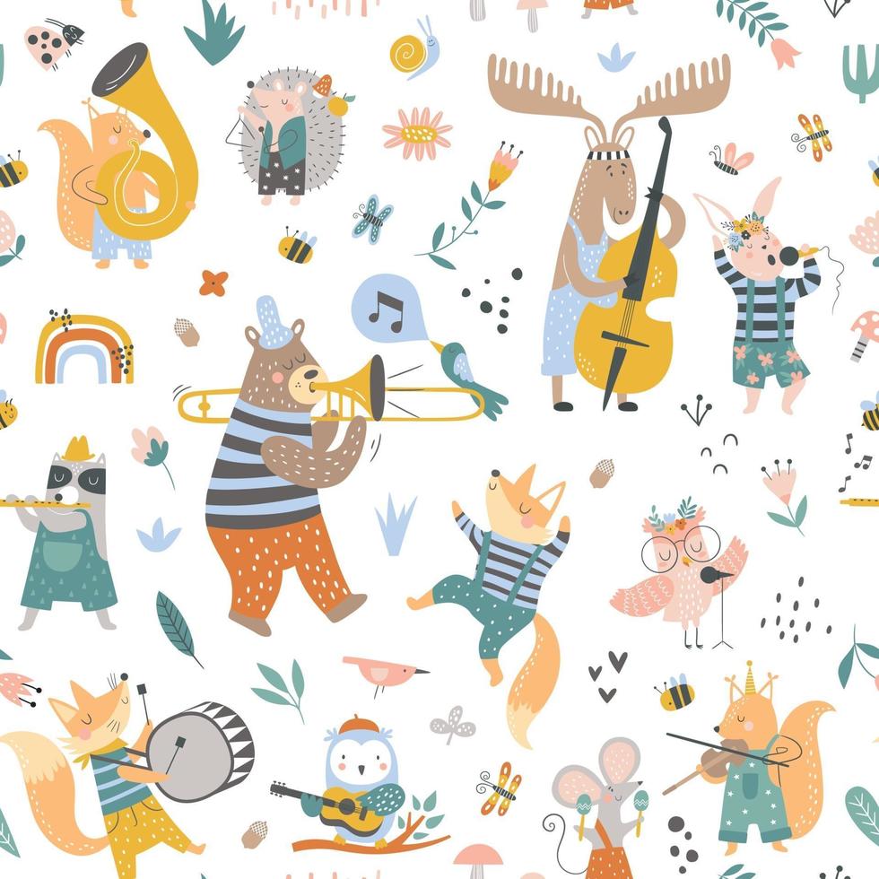 Vector pattern with cute animals playing on different instrument