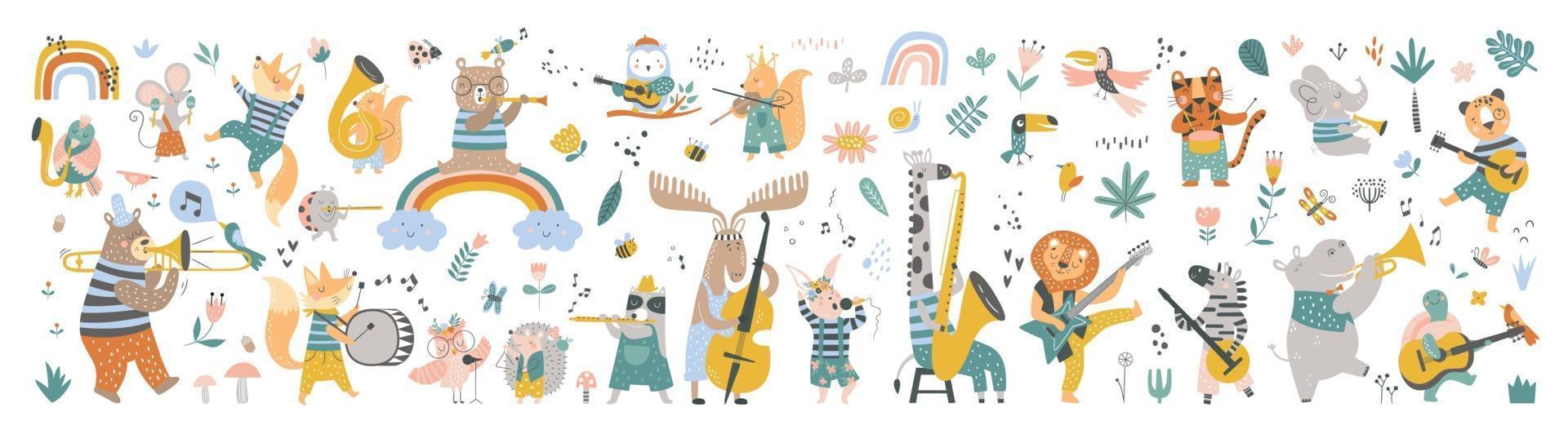 Isolated set with cute animals playing on different music instruments vector